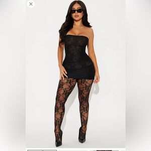 Black Lace Strapless Dress with Tights